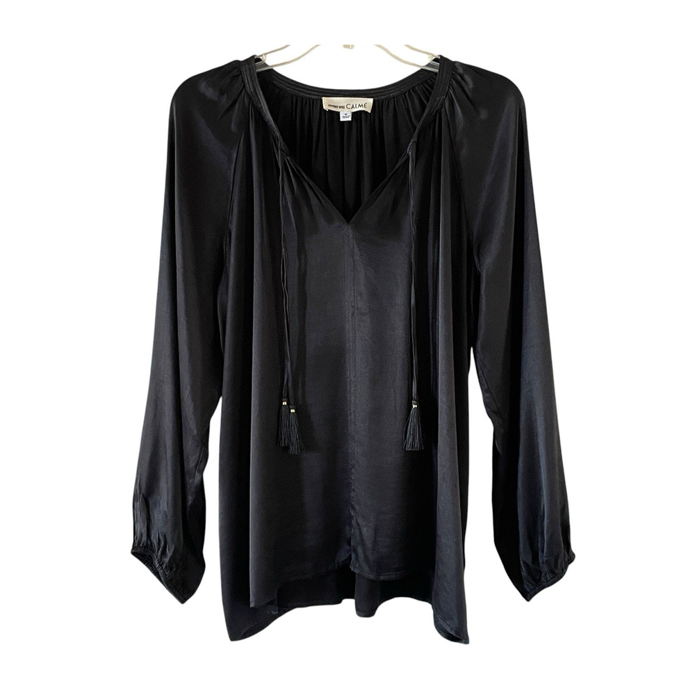 JOHNNY WAS CALME Size Medium Black Satin Double Tassel Long Sleeve Pullover Top